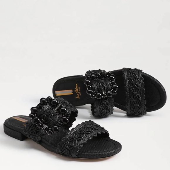 Sam Edelman NIB Elisa Woven Black Raffia Embellished Buckle Double Band Sandal